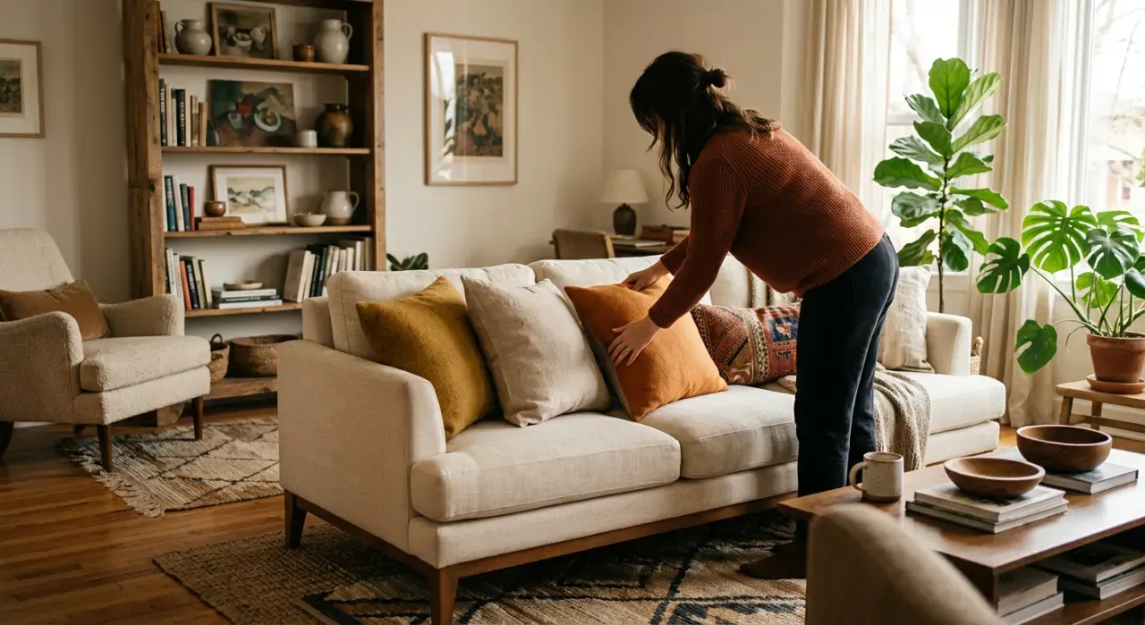 Wide view of a person arranging cushions on a sofa in a styled living room, in soft early-morning light