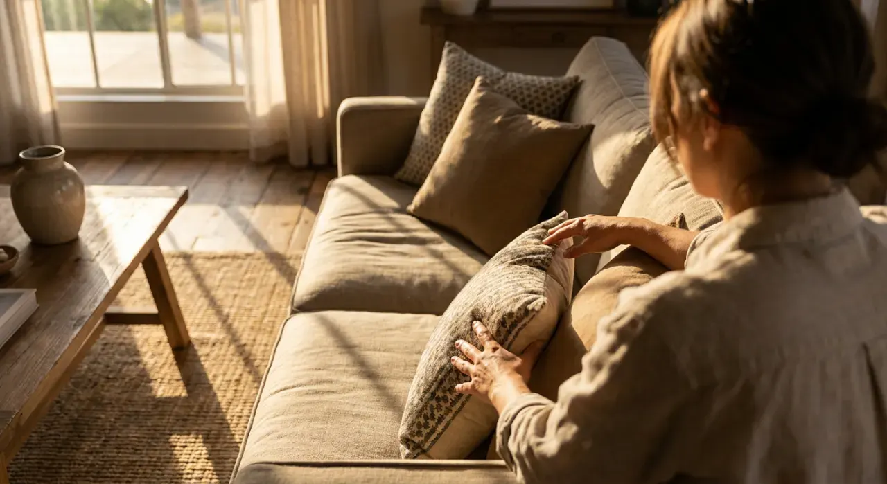 Golden-hour view of a person arranging cushions on a sofa in a styled living room