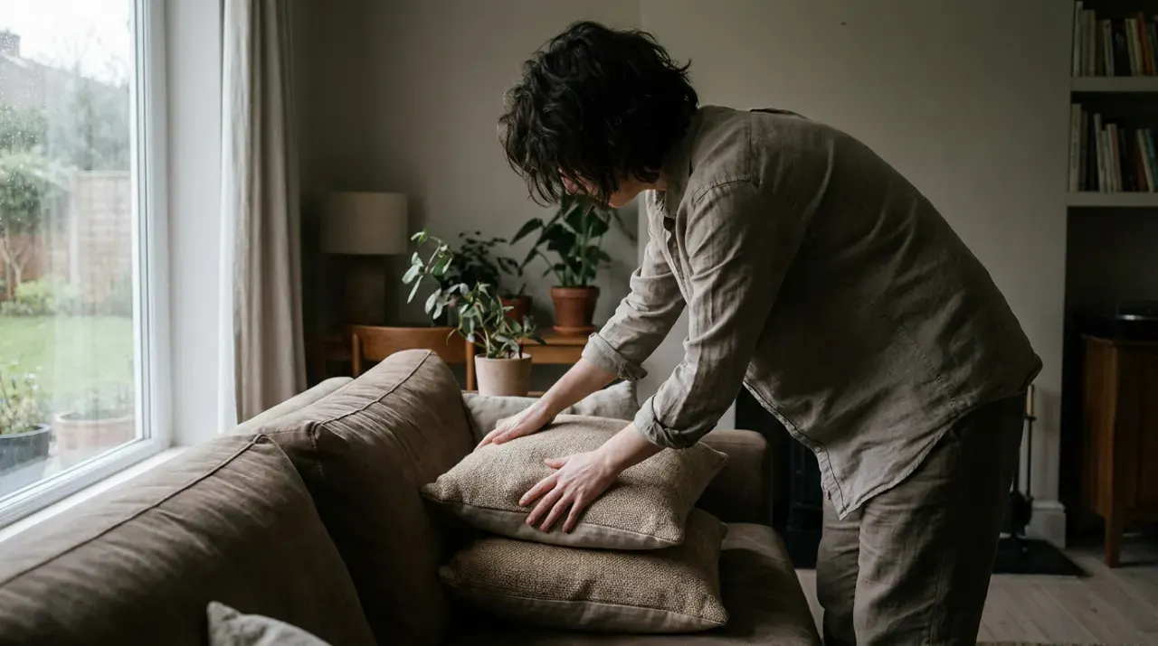 Wide view of a person arranging cushions on a sofa in a styled living room, in soft overcast light