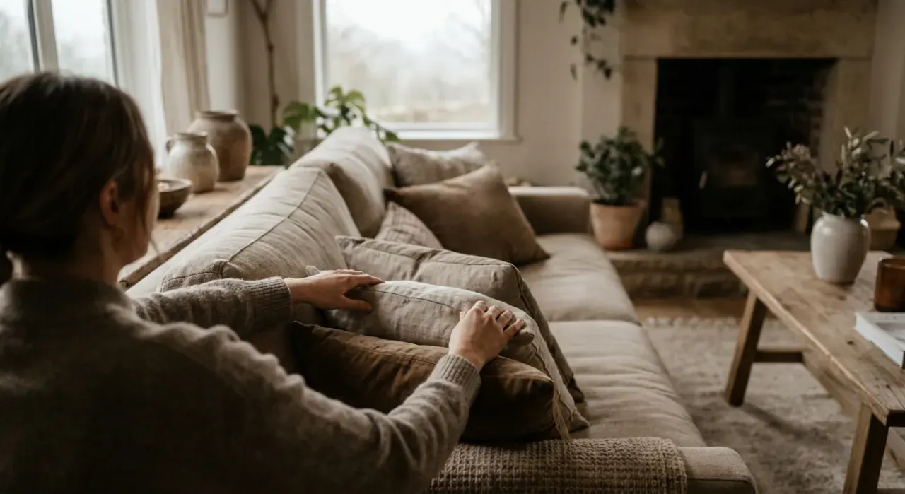 Over-the-shoulder view of a person arranging cushions on a sofa in a styled living room, in soft overcast light