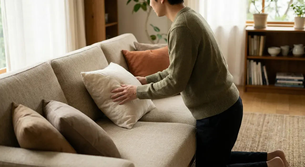 Three-quarter view of a person arranging cushions on a sofa in a styled living room, in soft overcast light