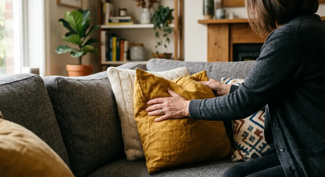Over-the-shoulder view of a person arranging cushions on a sofa in a styled living room, in soft early-morning light