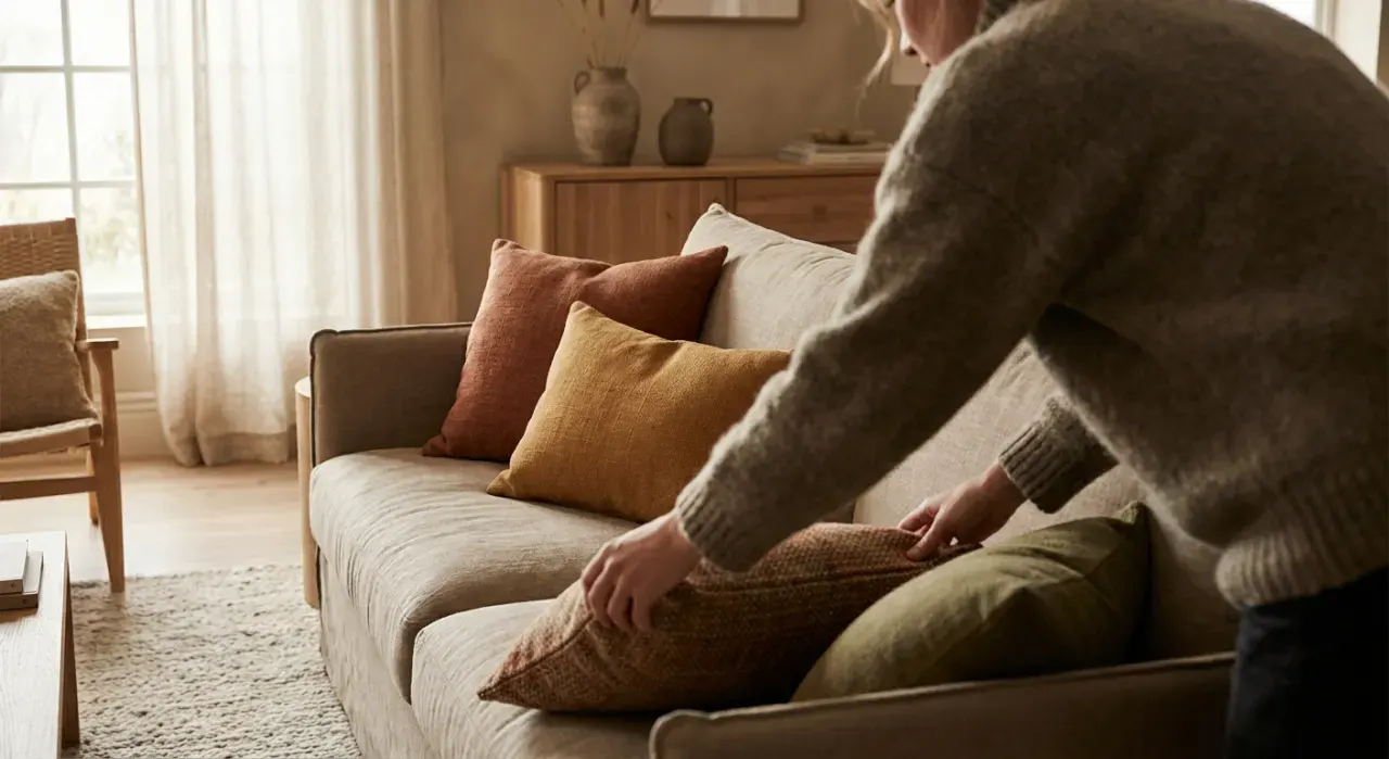 Low-angle view of a person arranging cushions on a sofa in a styled living room, in soft overcast light