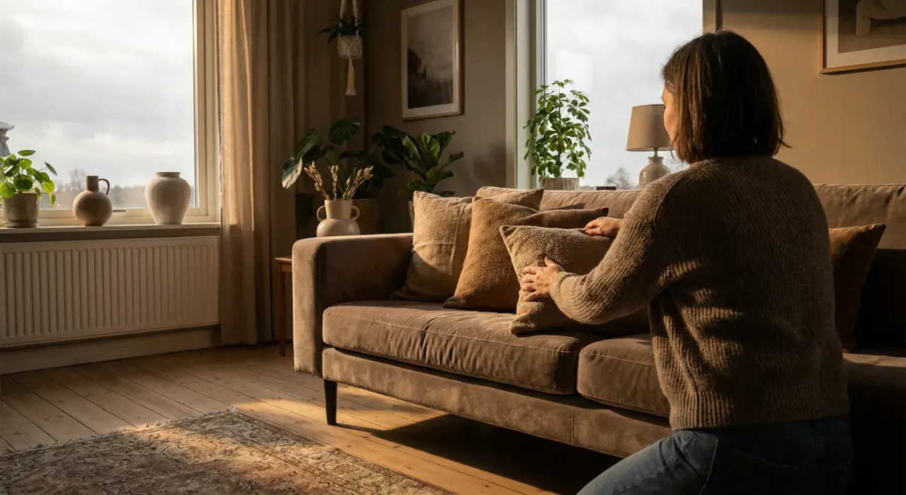 Golden-hour view of a person arranging cushions on a sofa in a styled living room