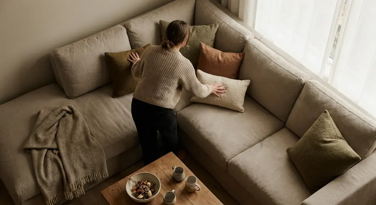 Overhead view of a person arranging cushions on a sofa in a styled living room, in soft overcast light