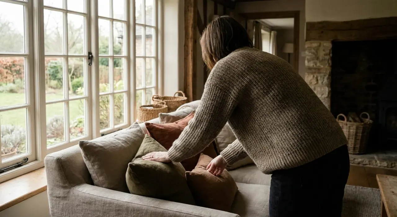 Wide environmental view of a person arranging cushions on a sofa in a styled living room, in soft overcast light