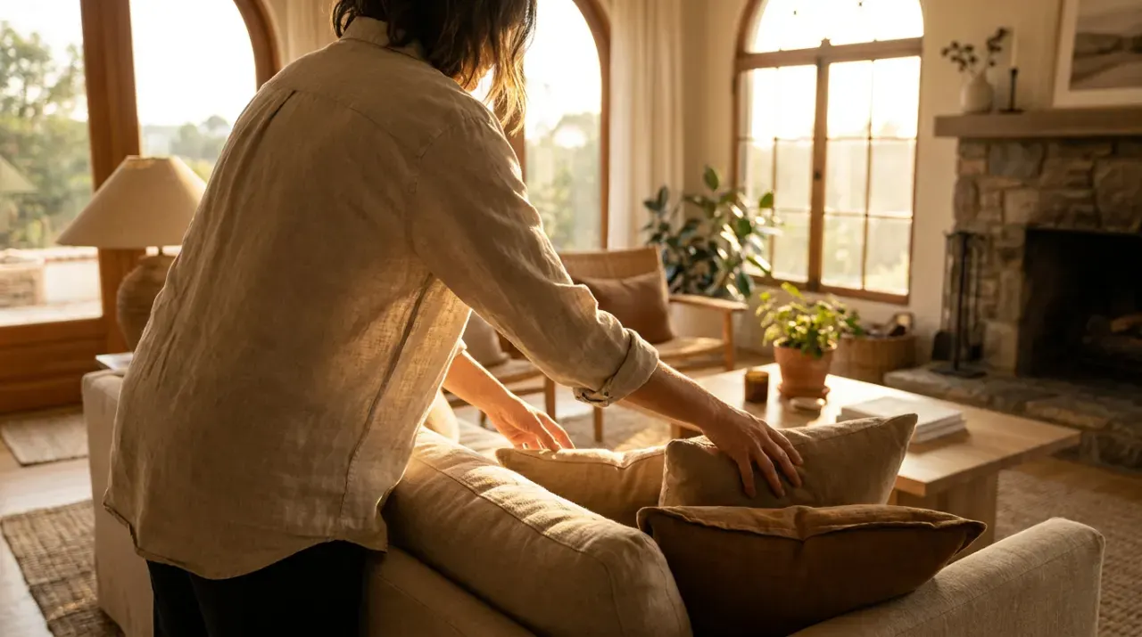 Wide view of a person arranging cushions on a sofa in a styled living room, in warm late-afternoon light