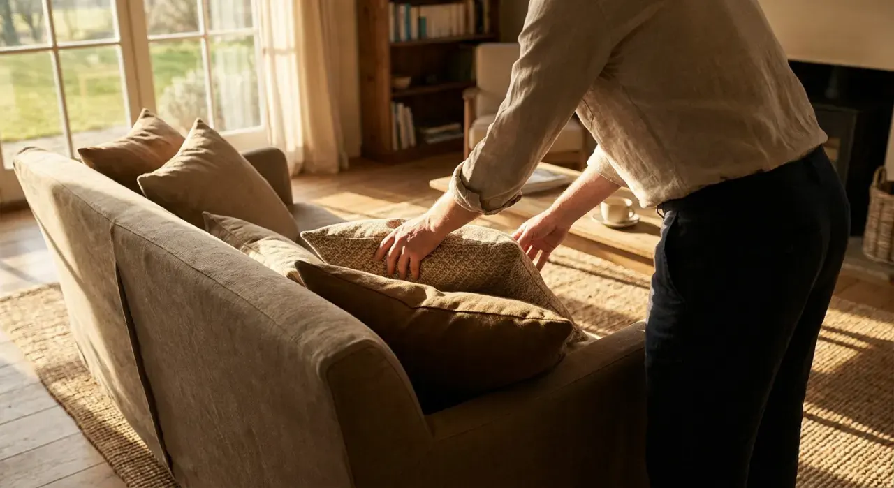 Three-quarter view of a person arranging cushions on a sofa in a styled living room, in warm late-afternoon light
