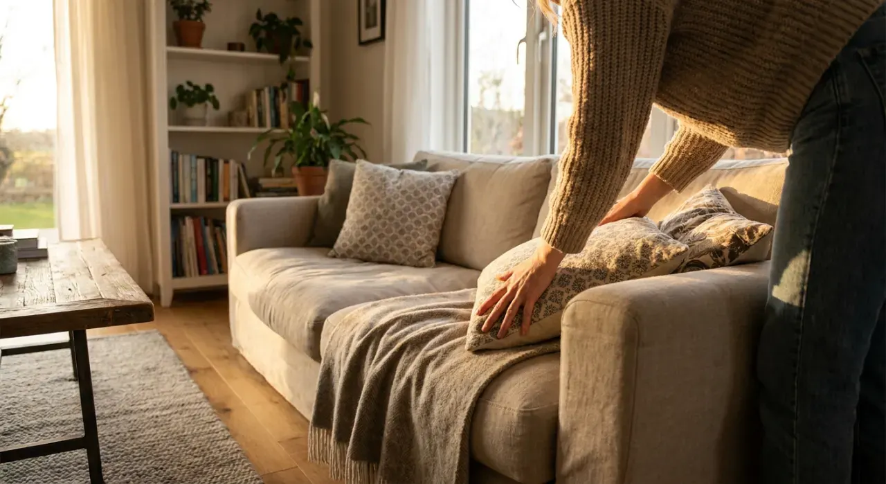 Low-angle view of a person arranging cushions on a sofa in a styled living room, in warm late-afternoon light
