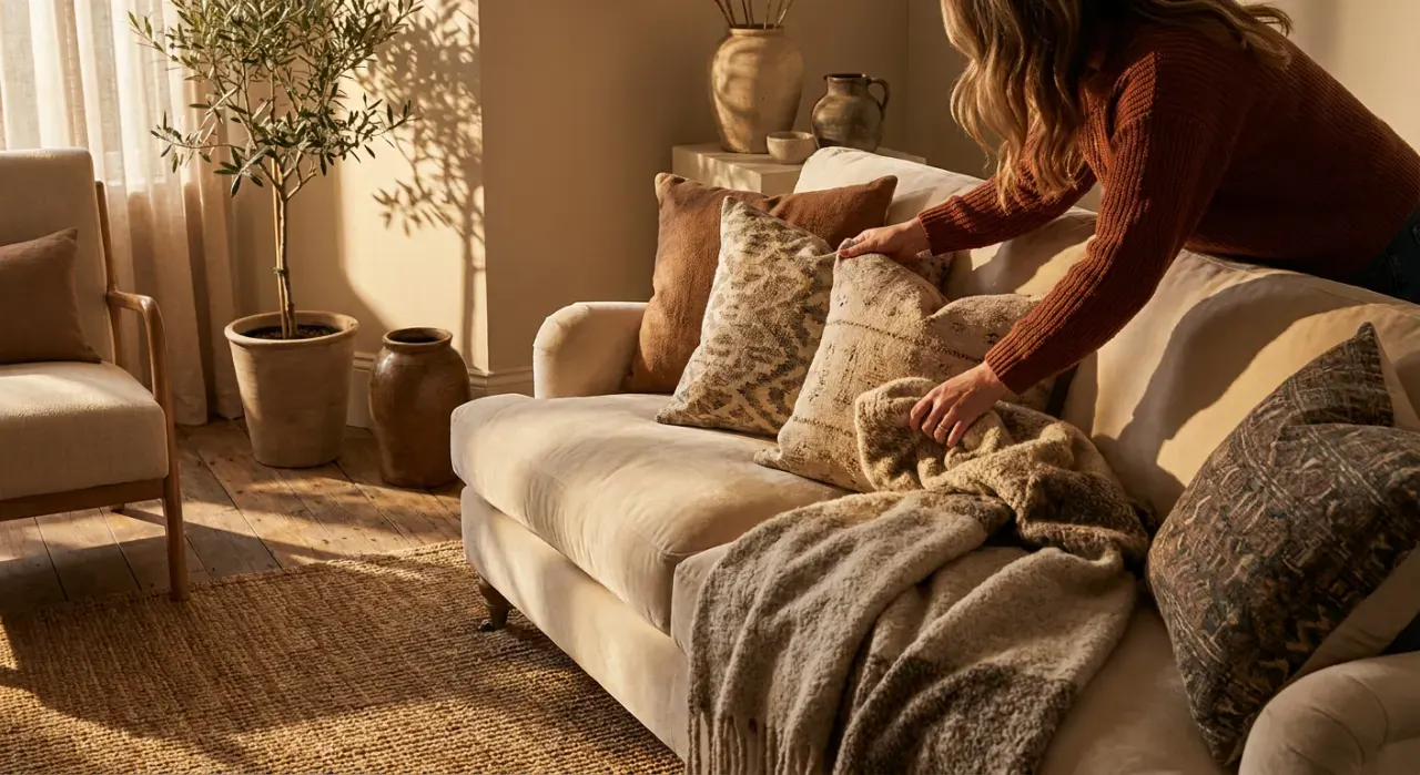 Golden-hour view of a person arranging cushions on a sofa in a styled living room