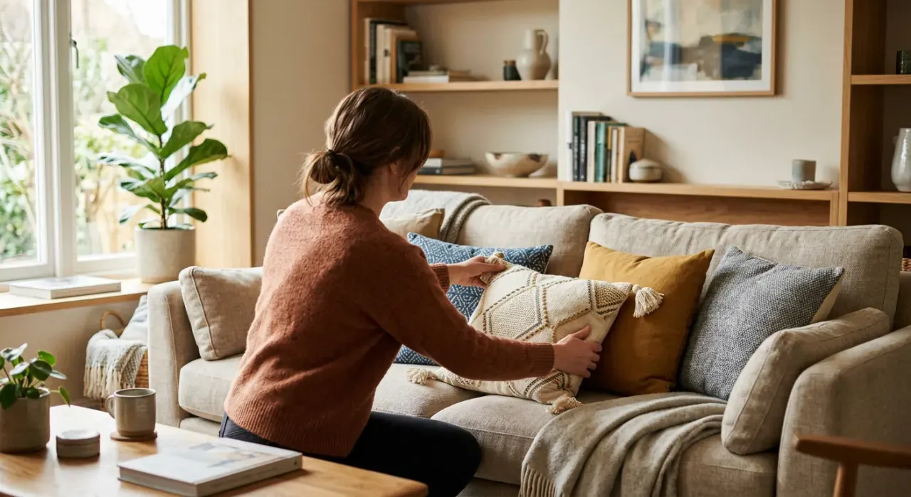 Three-quarter view of a person arranging cushions on a sofa in a styled living room, in soft early-morning light