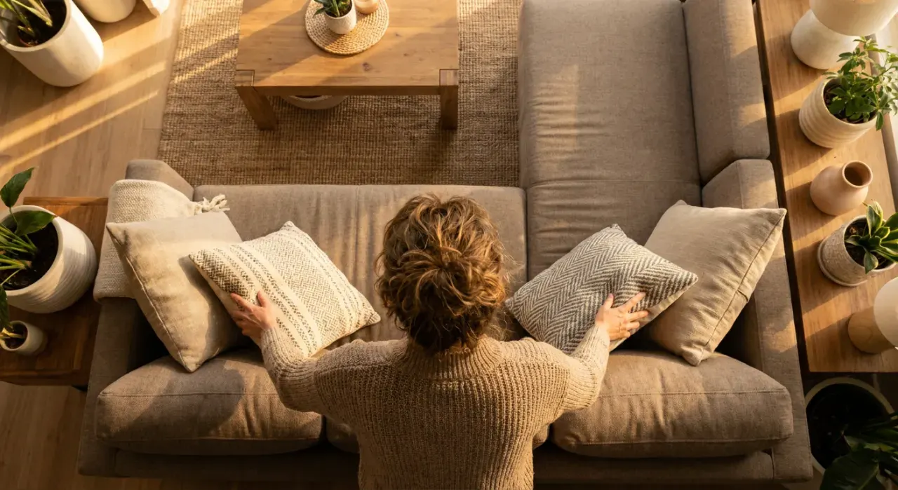 Overhead view of a person arranging cushions on a sofa in a styled living room, in warm late-afternoon light