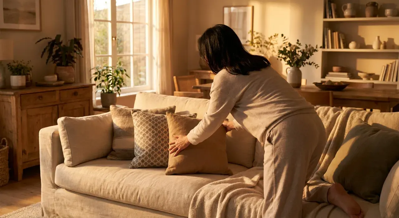 Wide environmental view of a person arranging cushions on a sofa in a styled living room, in warm late-afternoon light