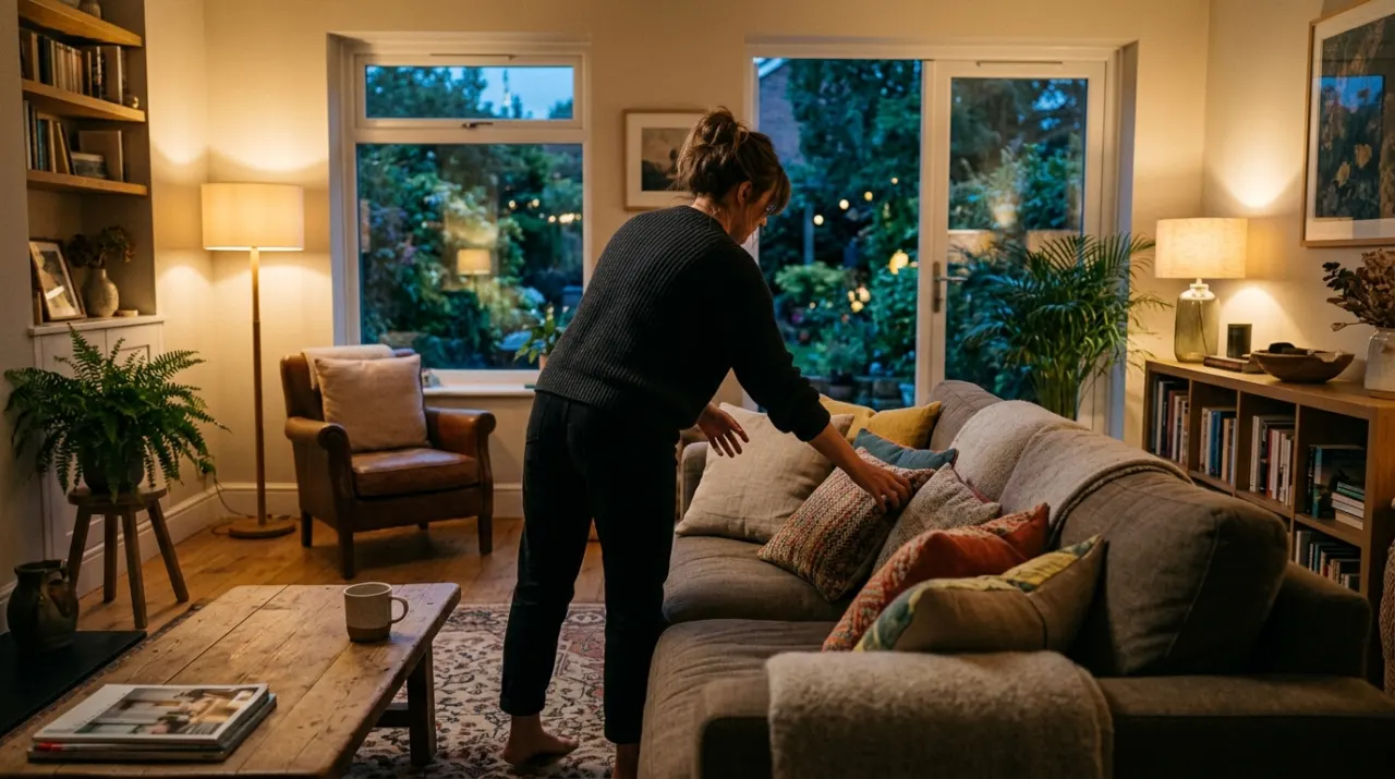 Wide view of a person arranging cushions on a sofa in a styled living room, in warm evening lamplight