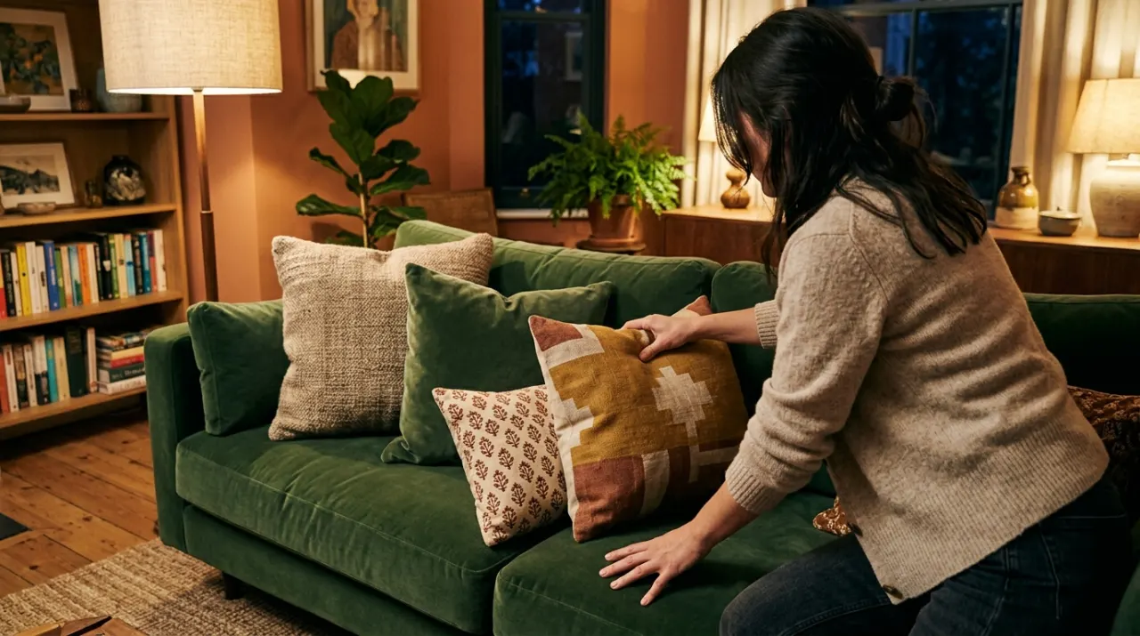 Over-the-shoulder view of a person arranging cushions on a sofa in a styled living room, in warm evening lamplight