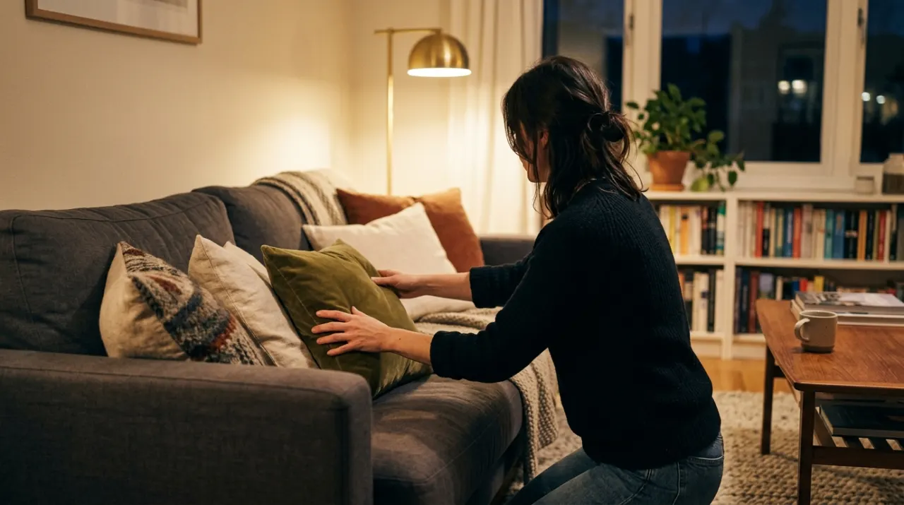Three-quarter view of a person arranging cushions on a sofa in a styled living room, in warm evening lamplight
