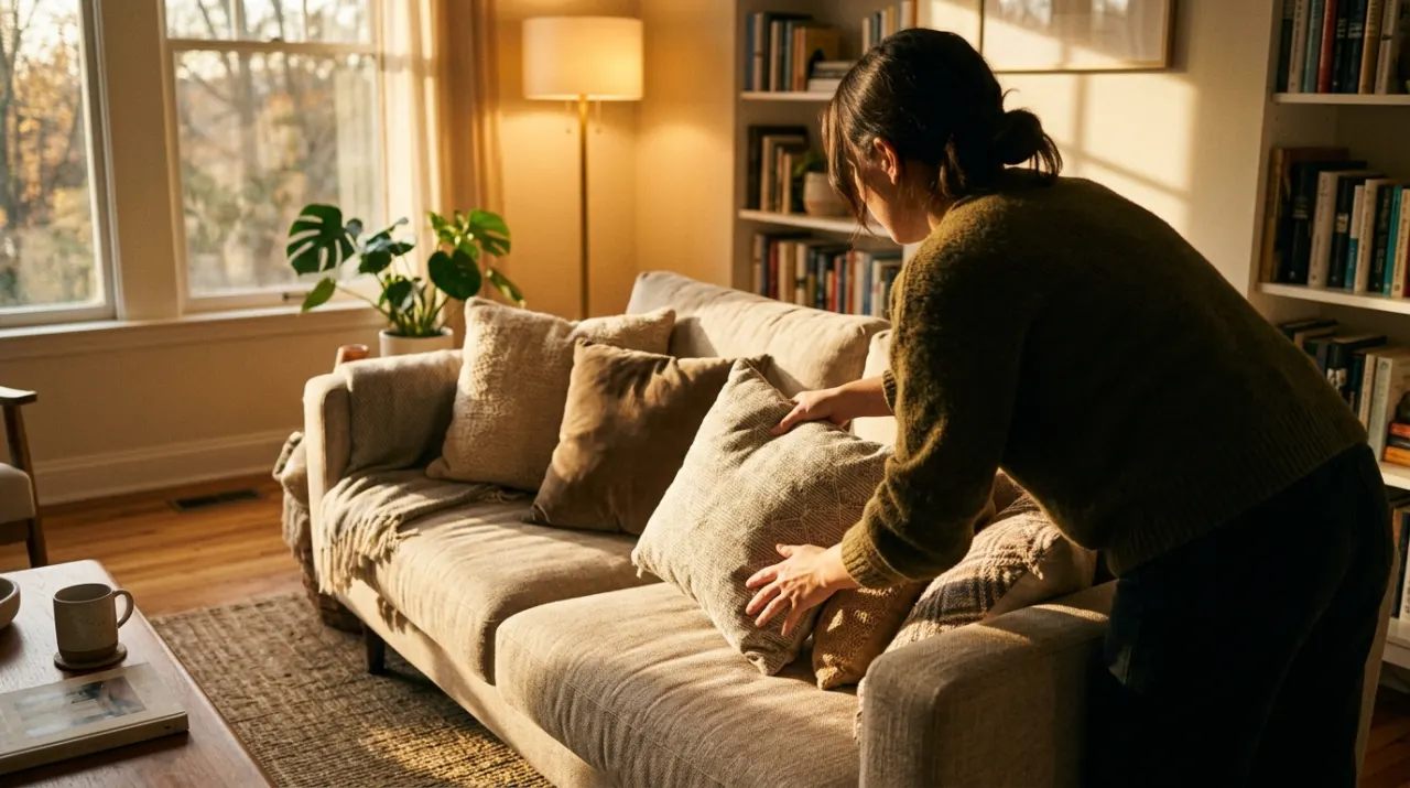 Golden-hour view of a person arranging cushions on a sofa in a styled living room