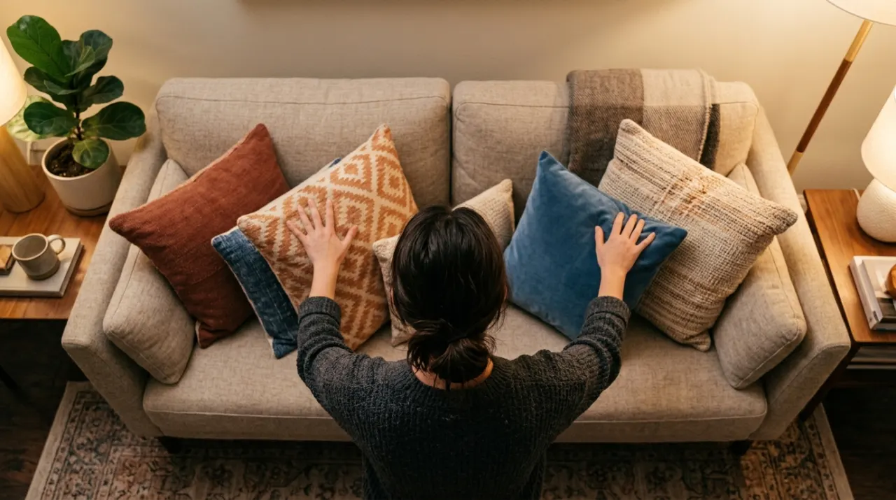 Overhead view of a person arranging cushions on a sofa in a styled living room, in warm evening lamplight