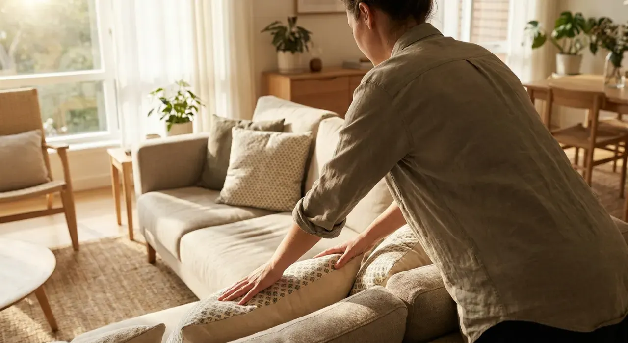Low-angle view of a person arranging cushions on a sofa in a styled living room, in soft early-morning light