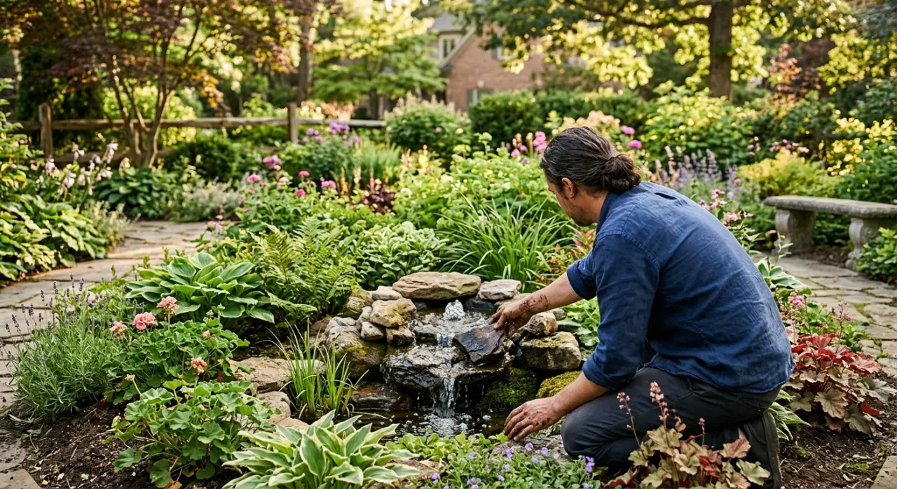 Wide view of a person adjusting a small water feature in a planted garden bed, in soft early-morning light