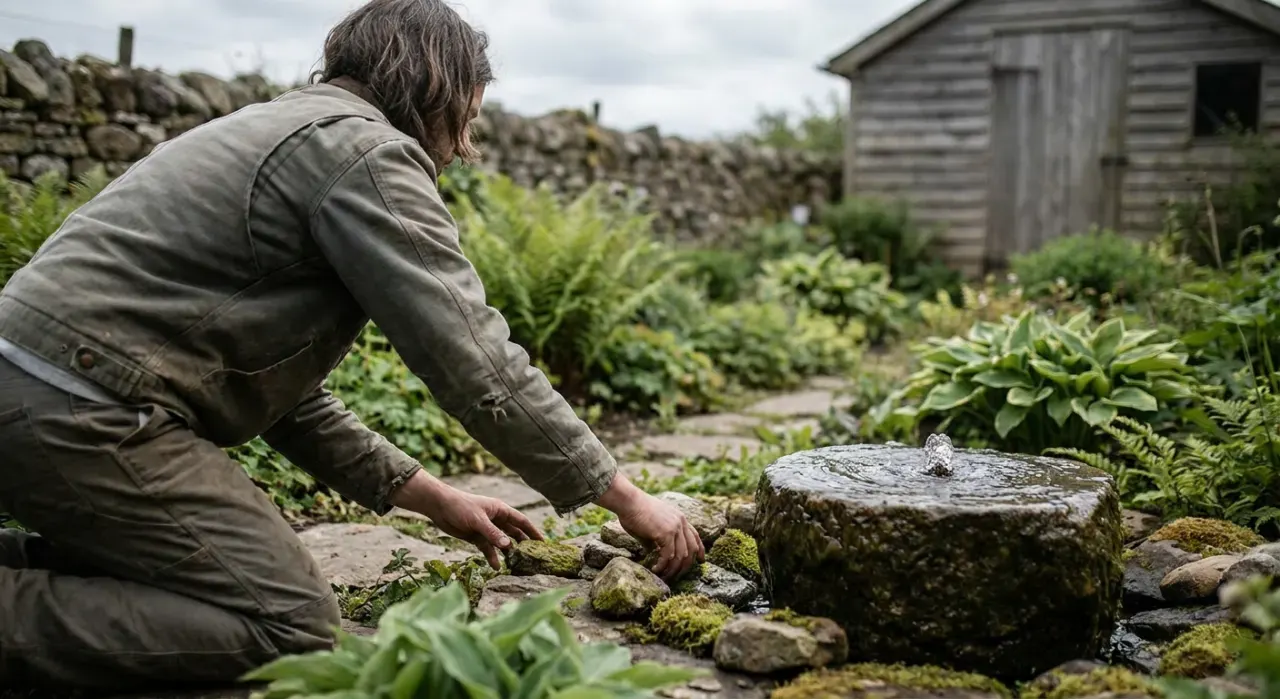 Wide view of a person adjusting a small water feature in a planted garden bed, in soft overcast light