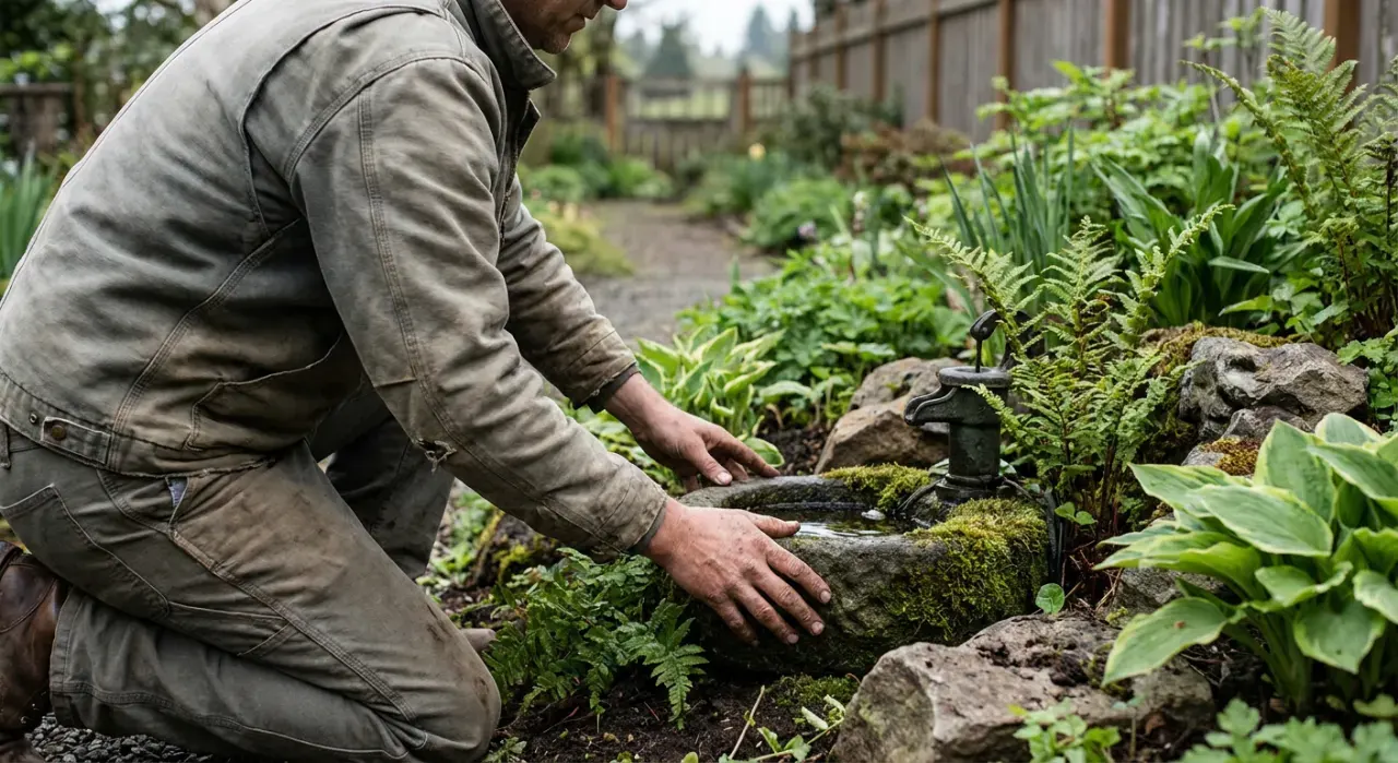 Three-quarter view of a person adjusting a small water feature in a planted garden bed, in soft overcast light
