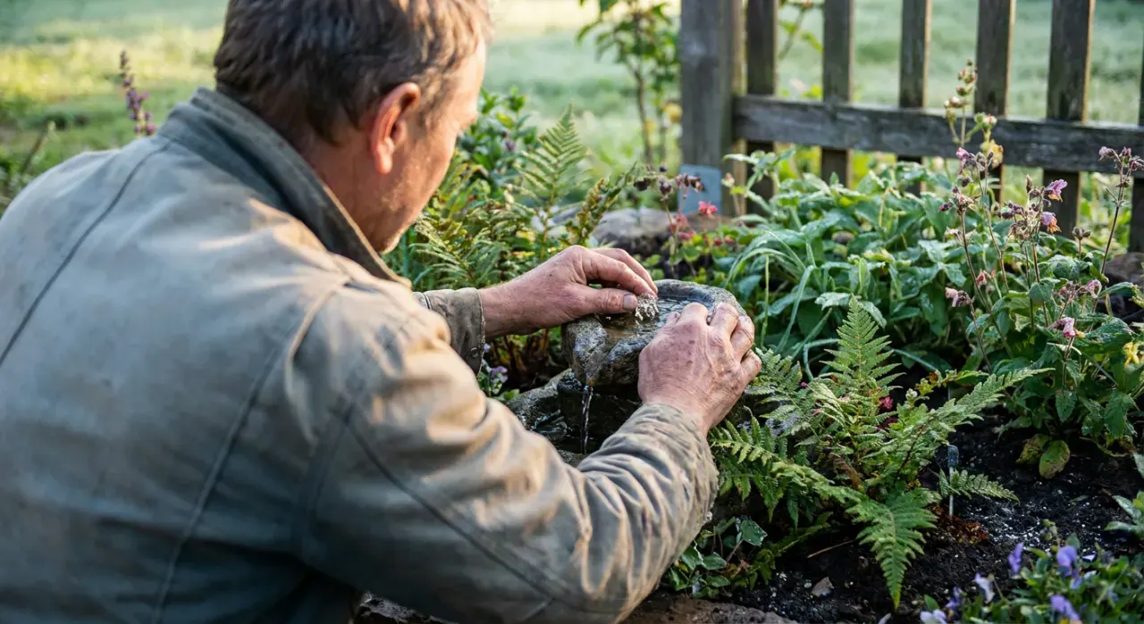 Over-the-shoulder view of a person adjusting a small water feature in a planted garden bed, in soft early-morning light