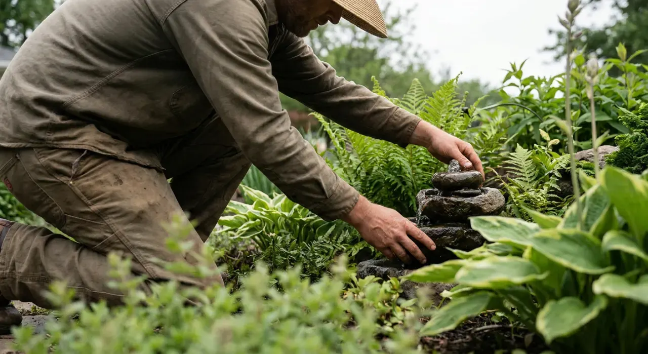 Low-angle view of a person adjusting a small water feature in a planted garden bed, in soft overcast light