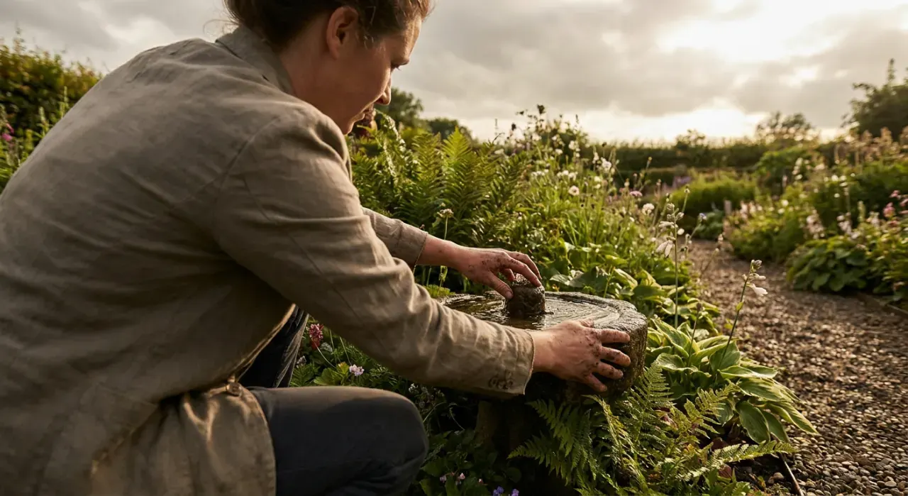 Golden-hour view of a person adjusting a small water feature in a planted garden bed
