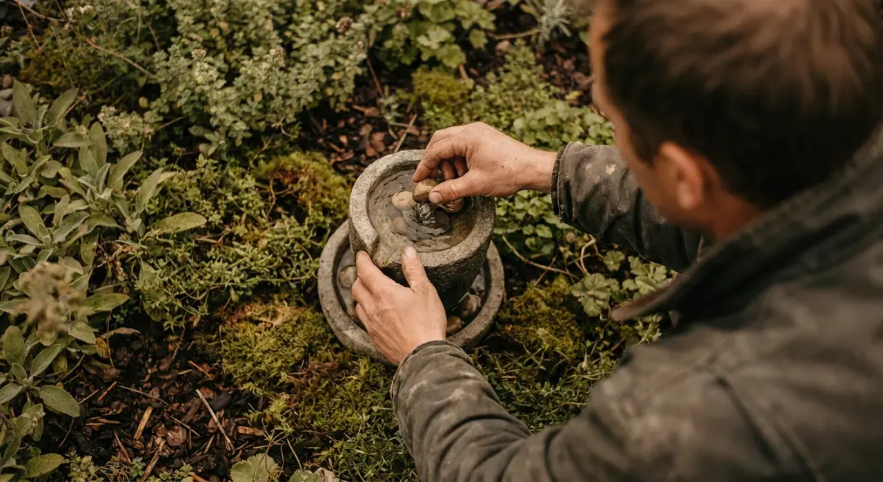 Overhead view of a person adjusting a small water feature in a planted garden bed, in soft overcast light