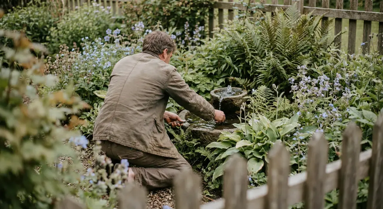 Wide environmental view of a person adjusting a small water feature in a planted garden bed, in soft overcast light