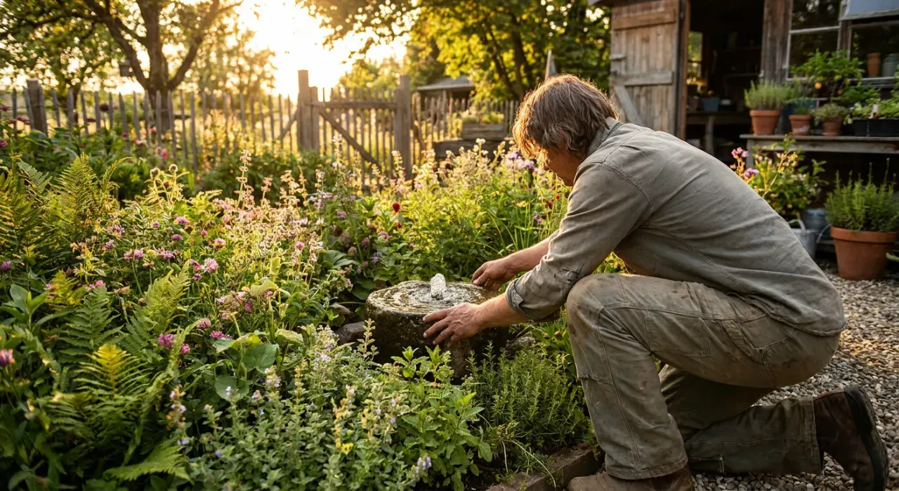 Wide view of a person adjusting a small water feature in a planted garden bed, in warm late-afternoon light