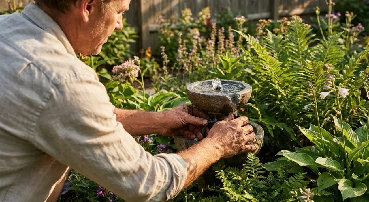 Over-the-shoulder view of a person adjusting a small water feature in a planted garden bed, in warm late-afternoon light