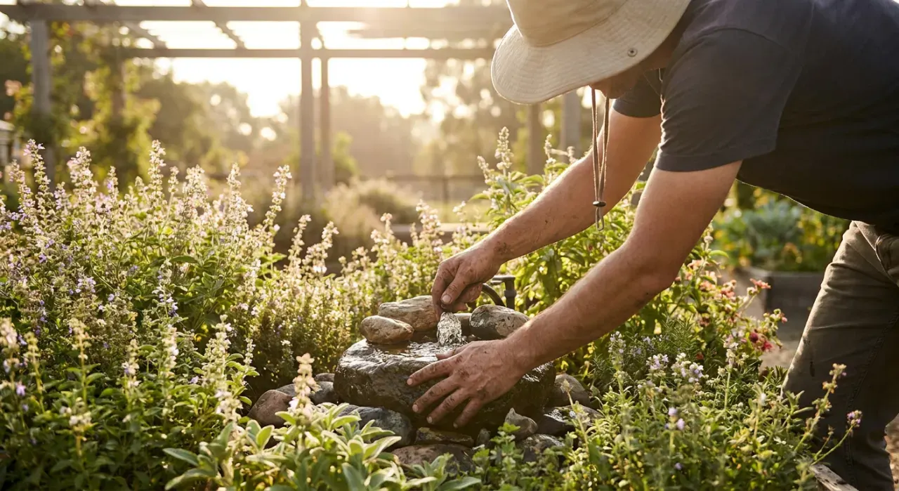 Three-quarter view of a person adjusting a small water feature in a planted garden bed, in warm late-afternoon light