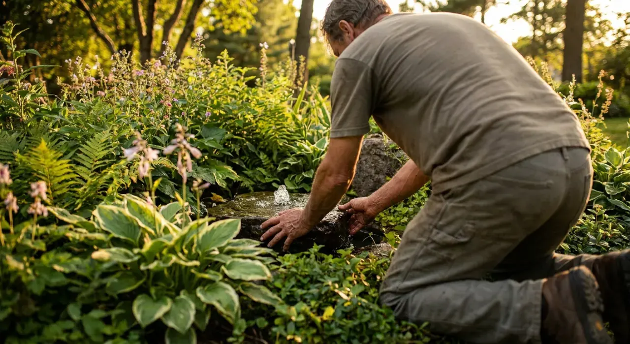 Low-angle view of a person adjusting a small water feature in a planted garden bed, in warm late-afternoon light