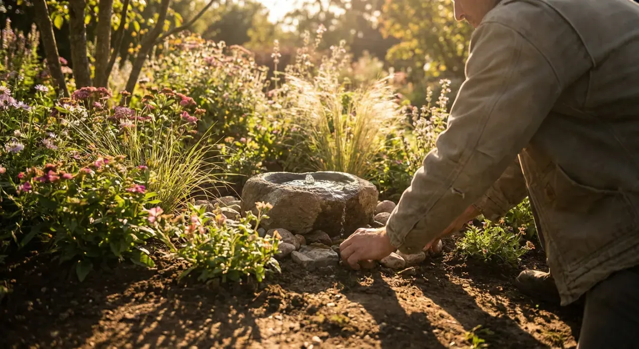 Golden-hour view of a person adjusting a small water feature in a planted garden bed