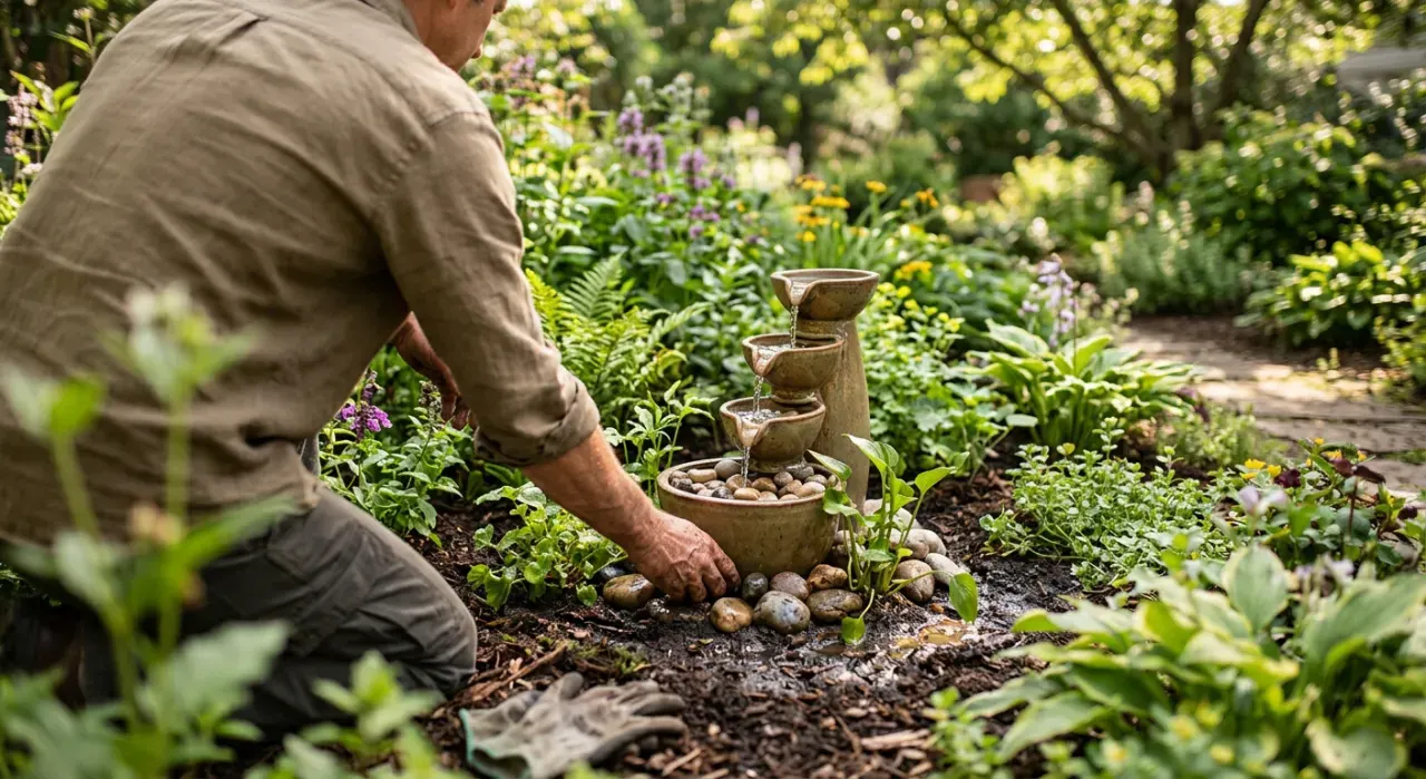 Three-quarter view of a person adjusting a small water feature in a planted garden bed, in soft early-morning light