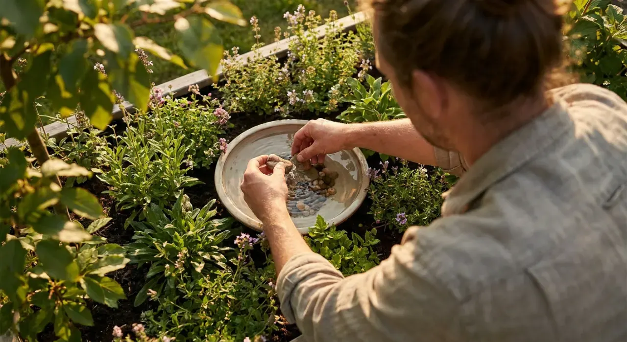 Overhead view of a person adjusting a small water feature in a planted garden bed, in warm late-afternoon light