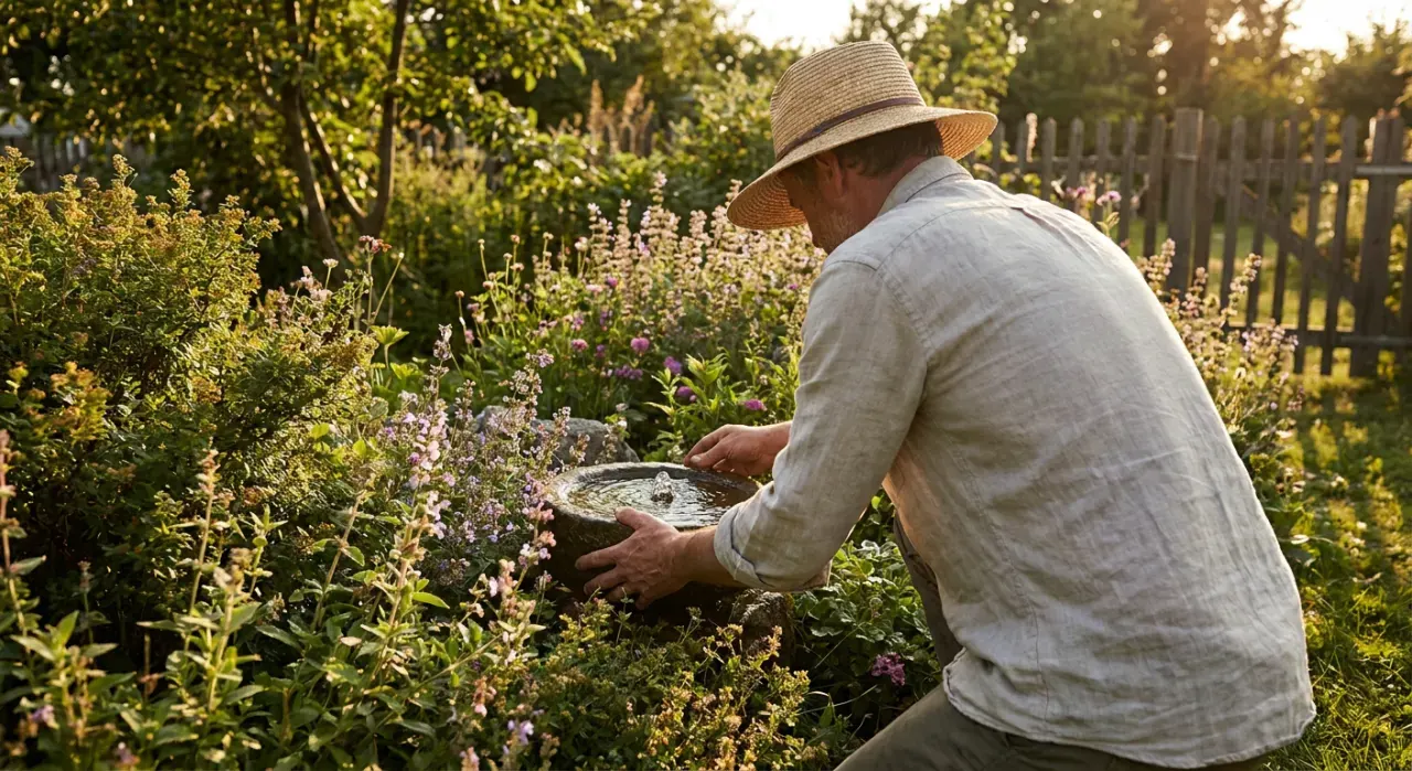 Wide environmental view of a person adjusting a small water feature in a planted garden bed, in warm late-afternoon light