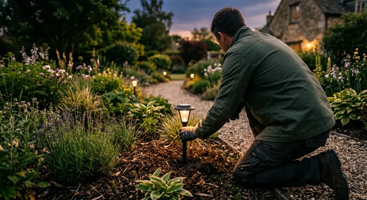 Wide view of a person pushing a small path light into garden soil at dusk, warm glow