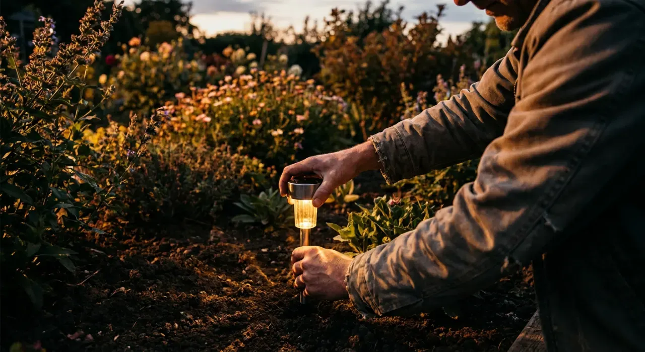Over-the-shoulder view of a person pushing a small path light into garden soil at dusk, warm glow