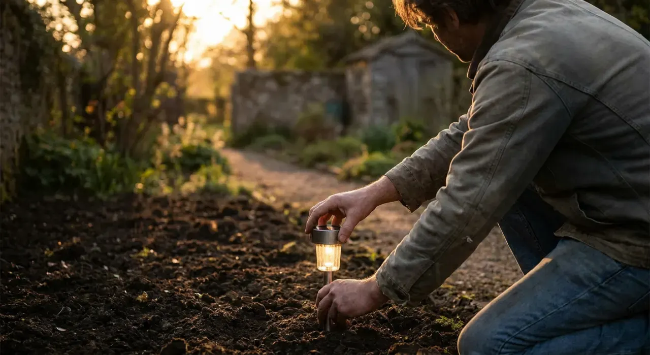 Three-quarter view of a person pushing a small path light into garden soil at dusk, warm glow