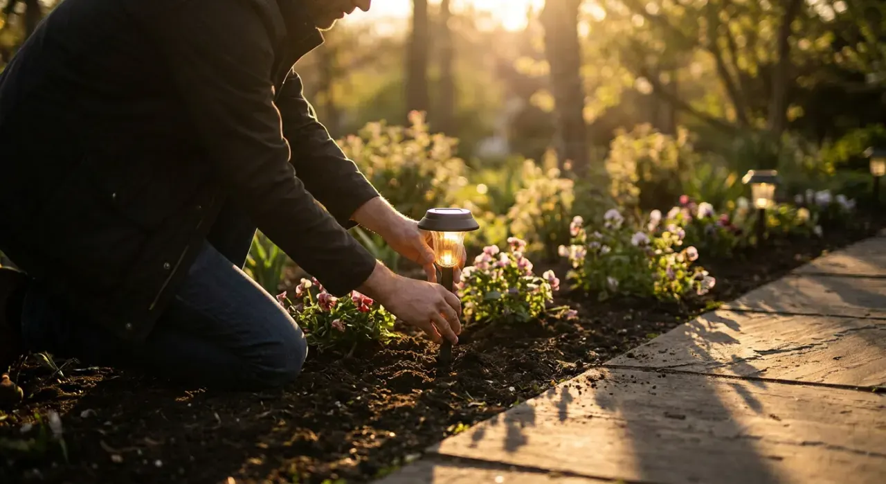 Golden-hour view of a person pushing a small path light into garden soil at dusk, warm glow