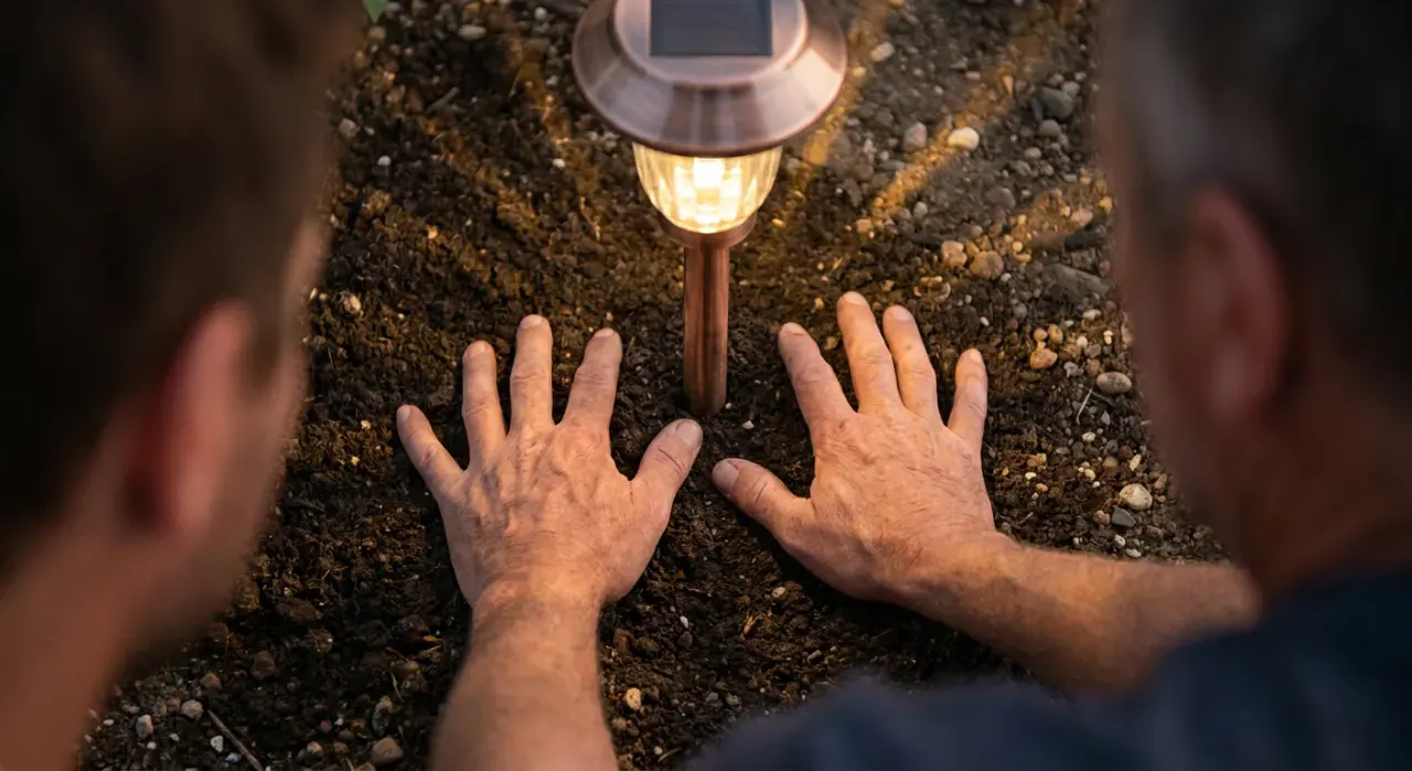 Overhead view of a person pushing a small path light into garden soil at dusk, warm glow