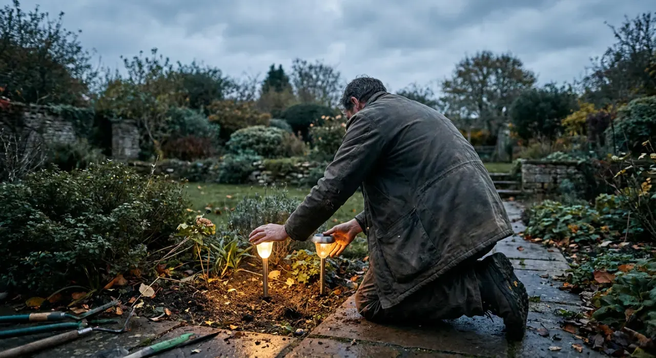 Wide view of a person pushing a small path light into garden soil at dusk, warm glow