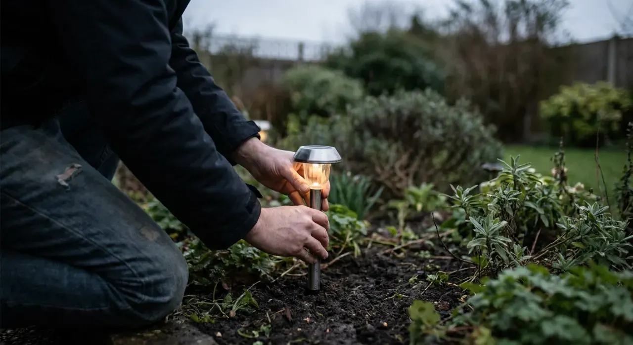 Over-the-shoulder view of a person pushing a small path light into garden soil at dusk, warm glow