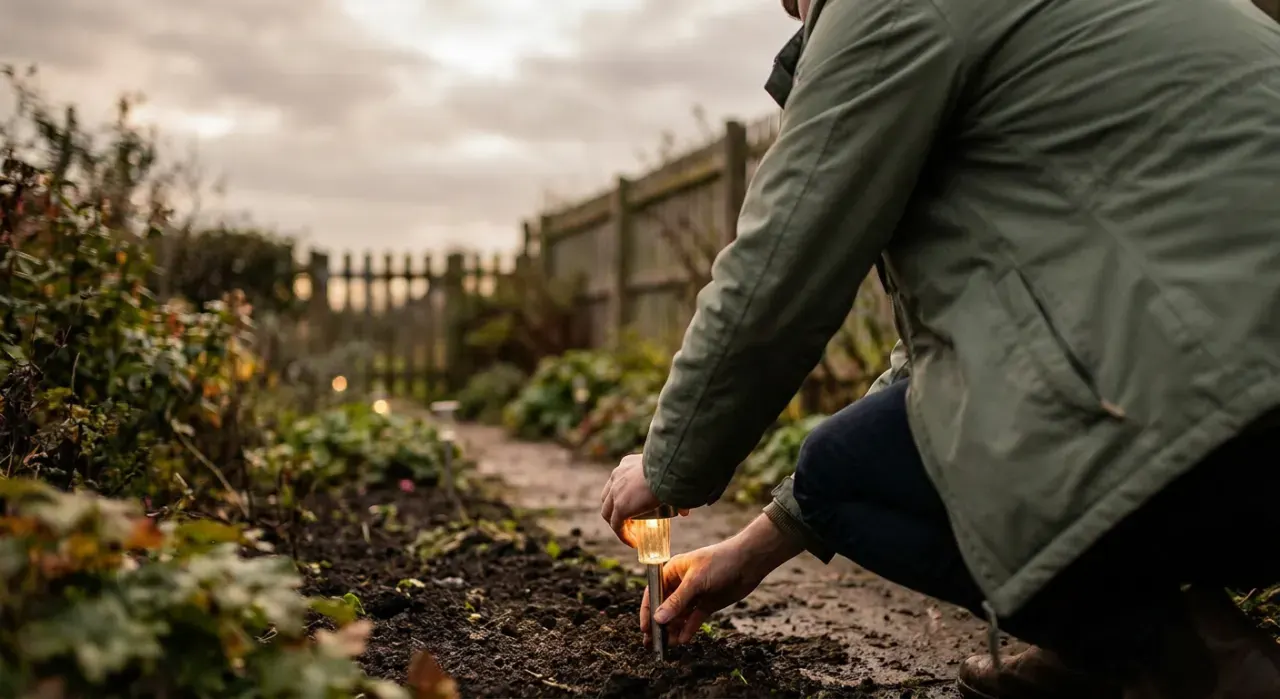 Three-quarter view of a person pushing a small path light into garden soil at dusk, warm glow