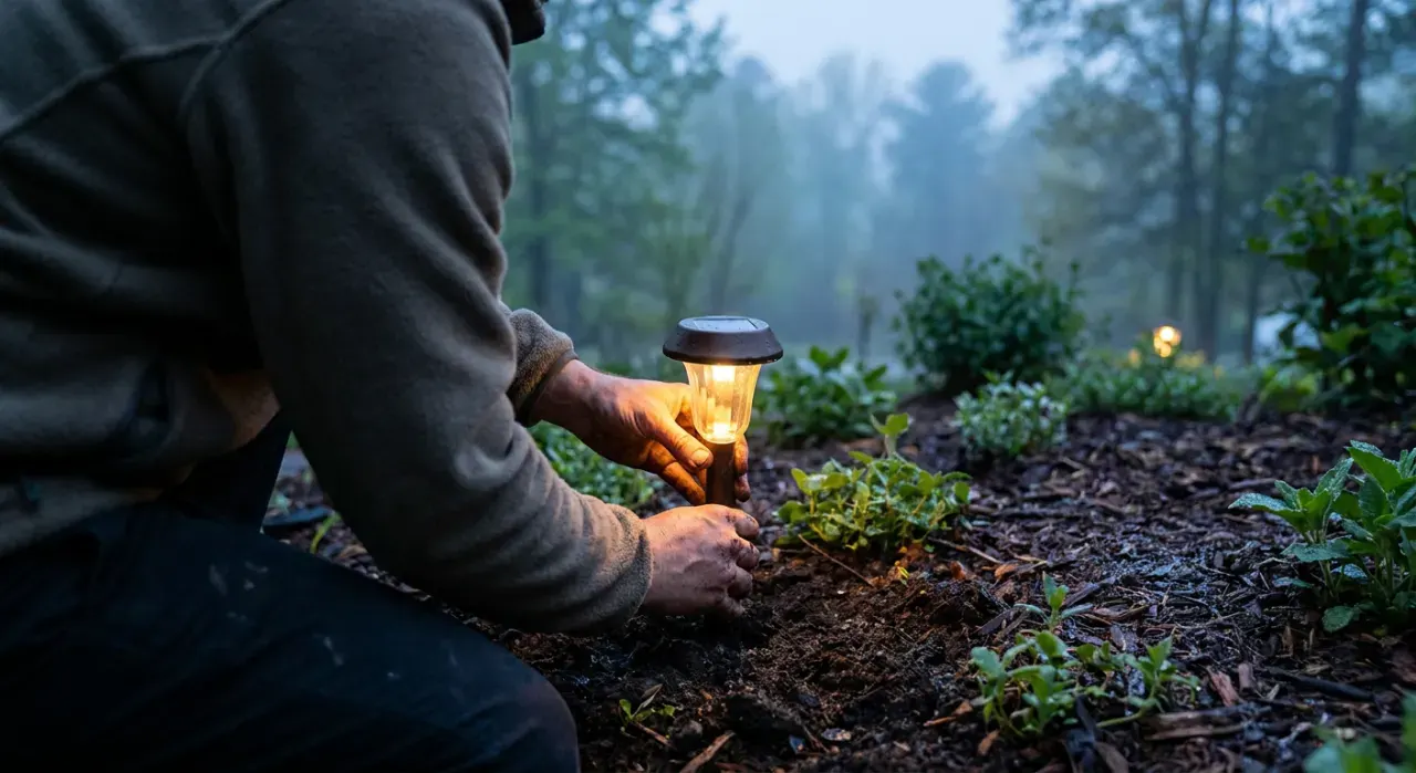 Over-the-shoulder view of a person pushing a small path light into garden soil at dusk, warm glow