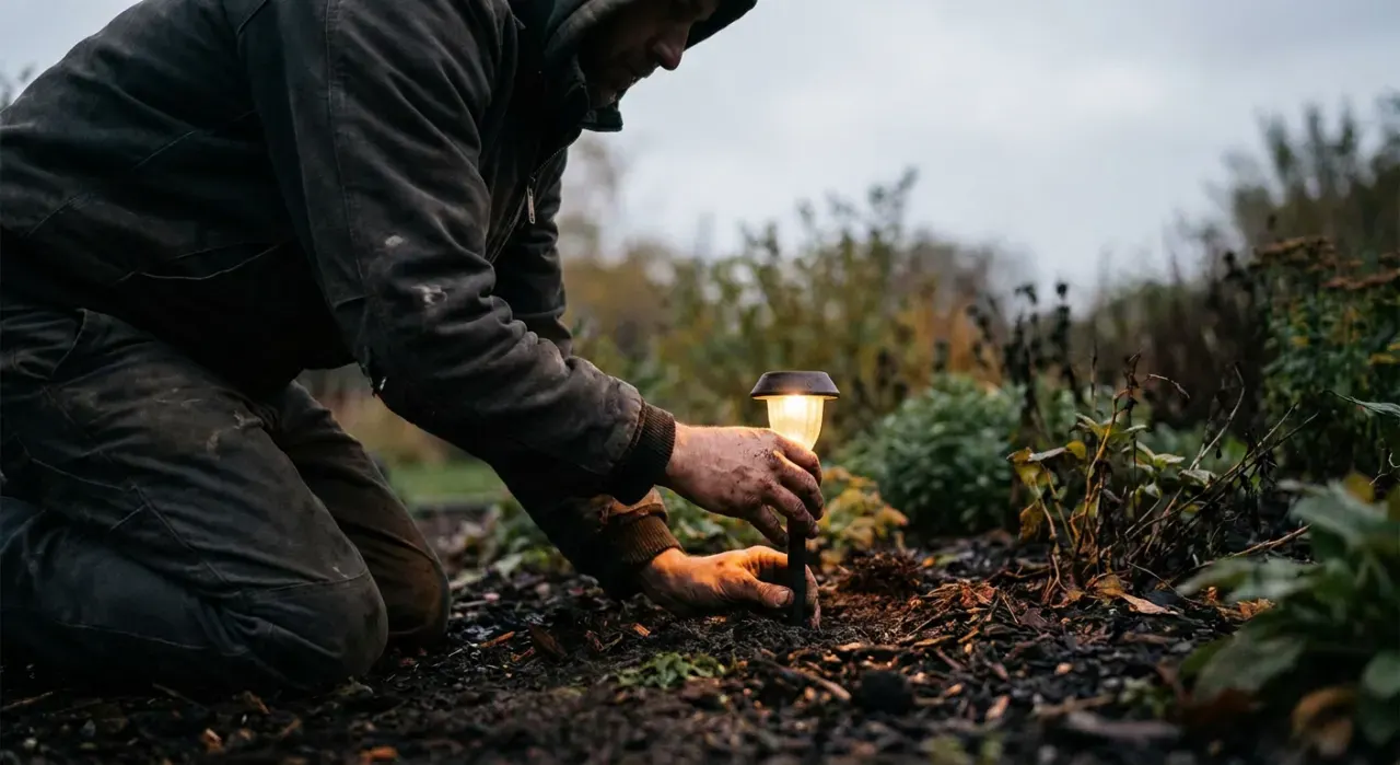Low-angle view of a person pushing a small path light into garden soil at dusk, warm glow
