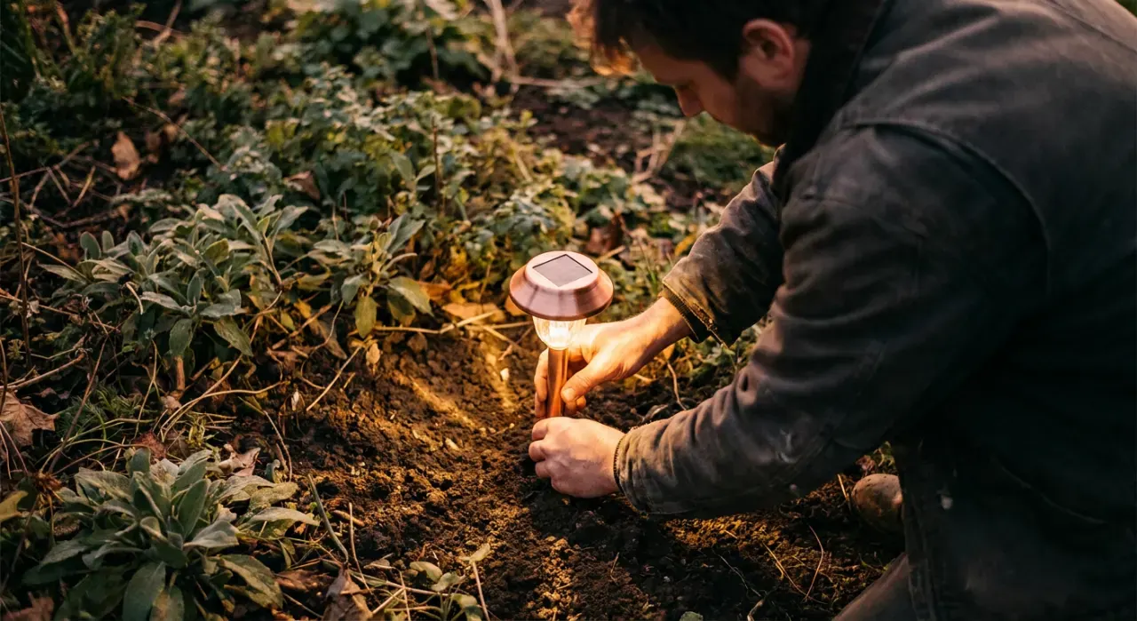 Golden-hour view of a person pushing a small path light into garden soil at dusk, warm glow